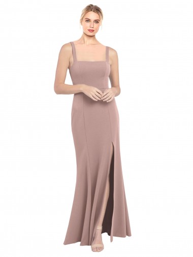 Square Neck Fit and Flare Long Stretch Crepe Bridesmaid Dress with Side Slit UK