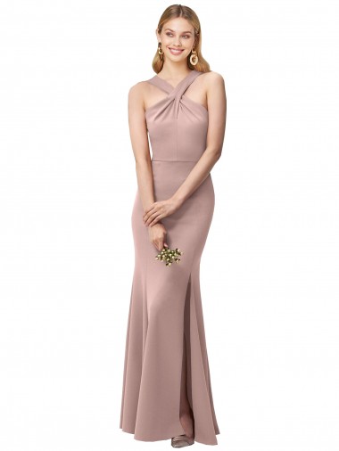 Long Floor Length High Neck Fit and Flare Stretch Crepe Bridesmaid Dress with Side Slit UK