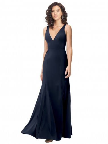 Classic V-Neck Long Stretch Crepe Bridesmaid Dress with V-Back UK