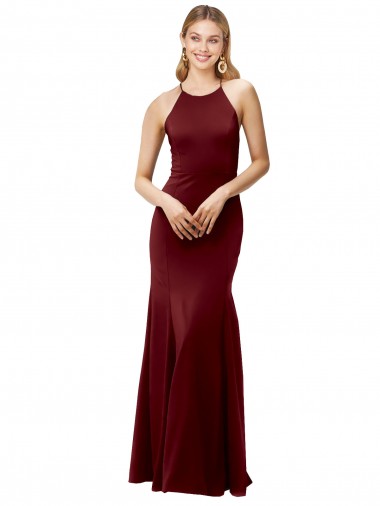 Fit and Flare Halter Neckline Stretch Crepe Bridesmaid Dress with Strappy Back UK