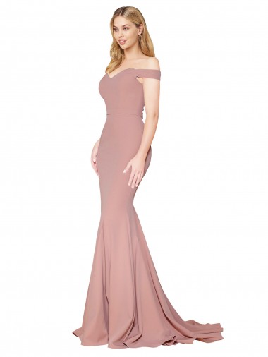 Off the Shoulder Sweetheart Long Sweep Train Crepe Bridesmaid Dress UK