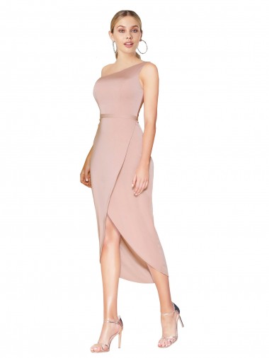 Knee Length One Shoulder Crepe Wrap Short Bridesmaid Dress UK