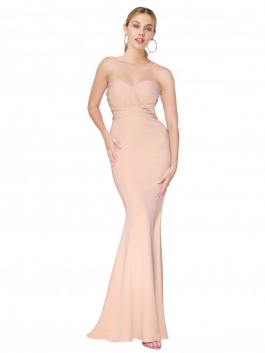 Sweetheart Shirred Neck Long Floor Length Crepe Bridesmaid Dress UK