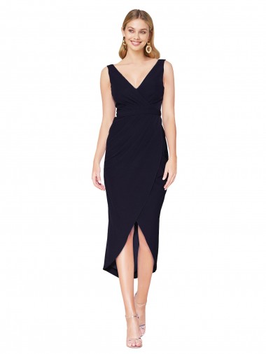 Knee Length V-Neck Crepe Wrap Short Bridesmaid Dress UK