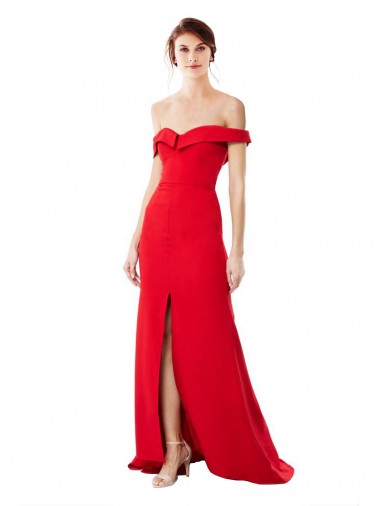 Off the Shoulder Chapel Train Crepe Bridesmaid Dress with Thigh-High slit UK