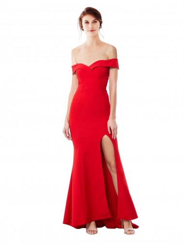 Off the Shoulder Sweetheart Maxi Crepe Bridesmaid Dress With Thigh Split and Train UK