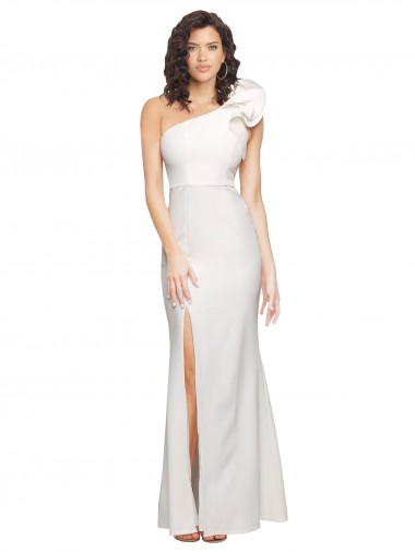 One Shoulder Long Full Length Crepe Bridesmaid Dress with Ruffles and Side Split UK