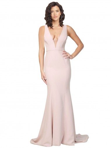 Deep Plunging V-Neckline Full Length Crepe Bridesmaid Dress with Deep V-Backline UK