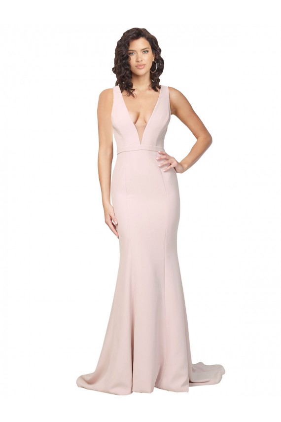 Deep Plunging V-Neckline Full Length Crepe Bridesmaid Dress with Deep V-Backline UK