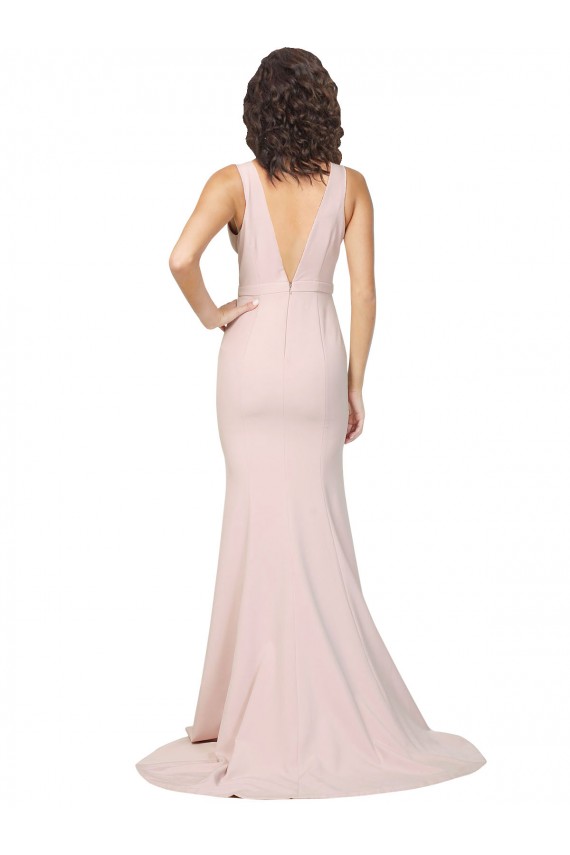 Deep Plunging V-Neckline Full Length Crepe Bridesmaid Dress with Deep V-Backline UK