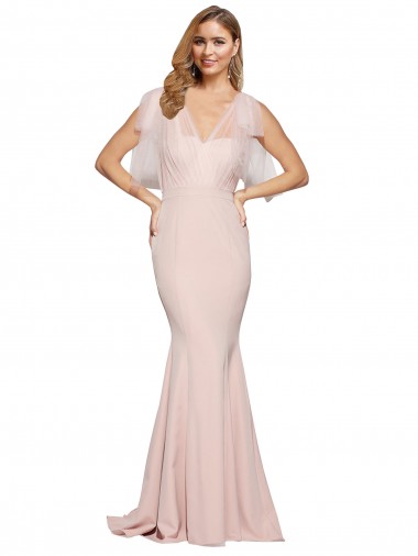 Double Bow Full Length Sweetheart Crepe Bridesmaid Dress with Tulle Overlay UK