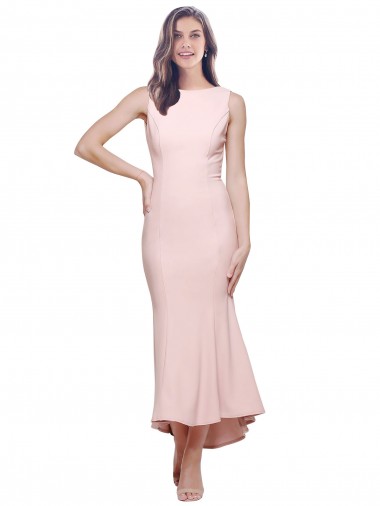 High Neck Low V-Back Midi Length Crepe Bridesmaid Dress UK