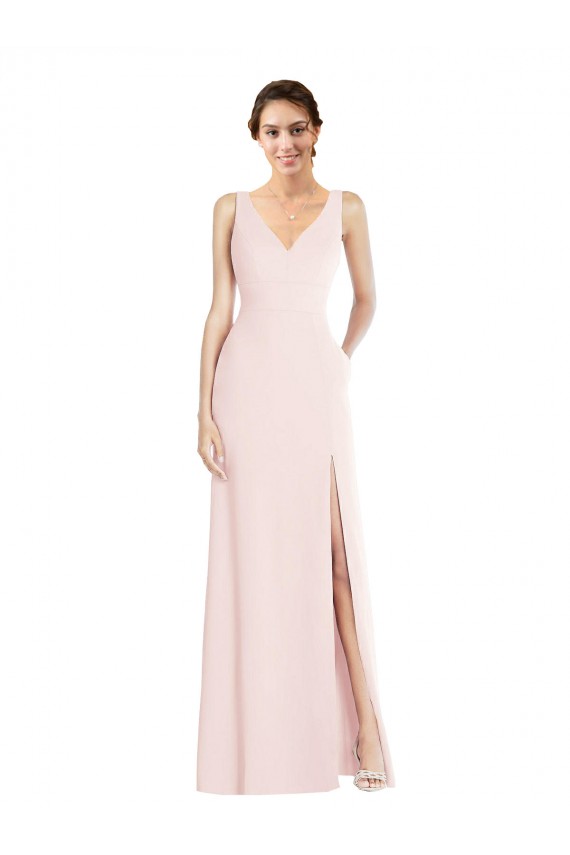 Square Neck Low Back A-Line Bridesmaid Dress with Front Slit and Pockets UK