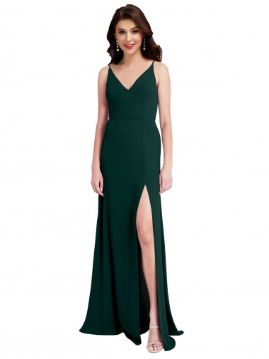 Slim A-Line V-Neck Full Length Crepe Bridesmaid Dress with Side Slit UK