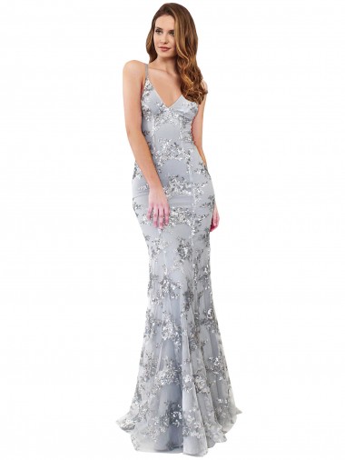 Silver V-Neckline Backless Floral Patterned Sequin Bridesmaid Dress UK