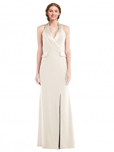 Halter Tuxedo Maxi Bridesmaid Dress with Front Slit UK