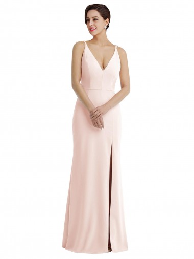 Skinny Strap Deep V-Neck Crepe Trumpet Bridesmaid Dress with Front Slit UK