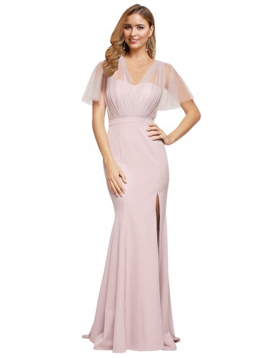 Crepe Long Sweetheart Neckline Bridesmaid Dress with Tulle Overlay Shoulders UK