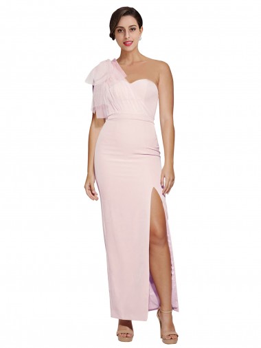 One Shoulder Tulle Overlay Sweetheart Neckline Long Crepe Bridesmaid Drss with Thigh Split UK