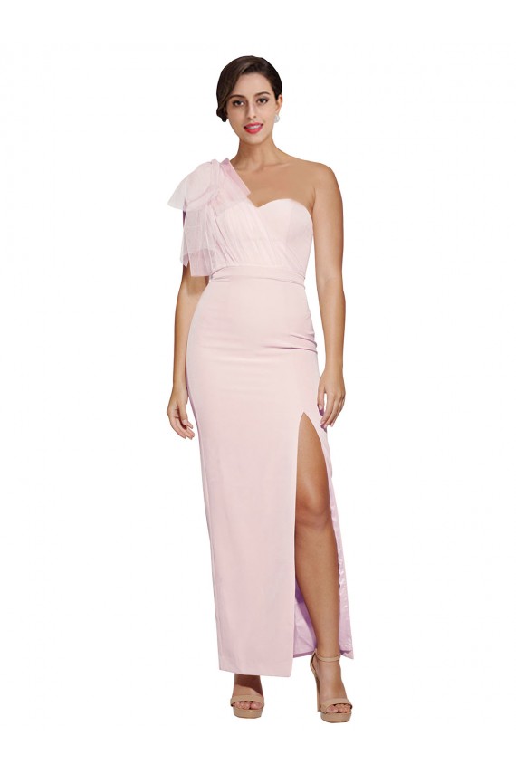 One Shoulder Tulle Overlay Sweetheart Neckline Long Crepe Bridesmaid Drss with Thigh Split UK