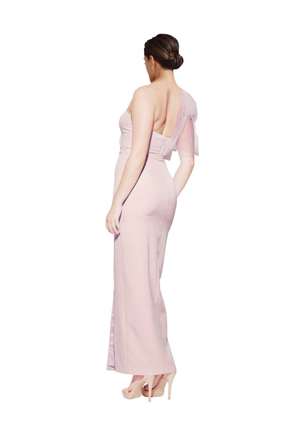 One Shoulder Tulle Overlay Sweetheart Neckline Long Crepe Bridesmaid Drss with Thigh Split UK