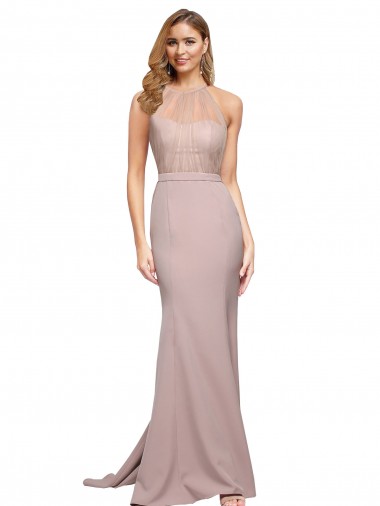 Long Sweetheart Crepe Bridesmaid Dress with High Neck Illusion Tulle Details UK