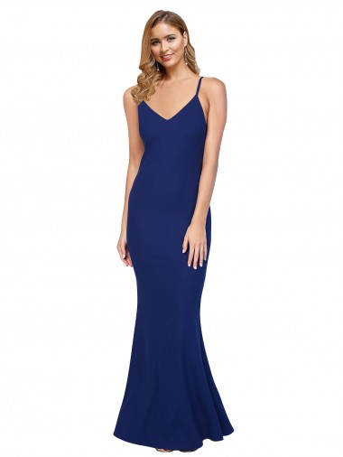 Full Length V-Neckline Crepe Bridesmaid Dress with Thin Straps and Fulted Skirt UK