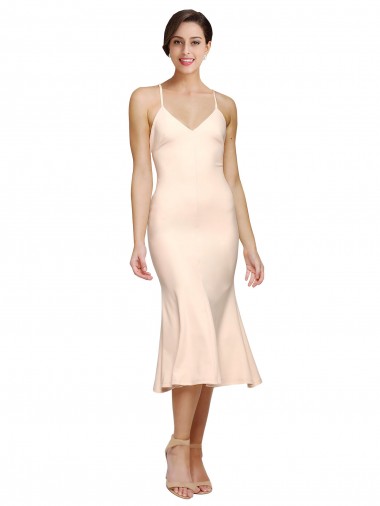 Midi Length V-Neckline Crepe Bridesmaid Dress with Thin Straps and Fulted Skirt UK