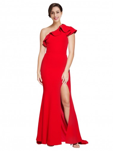 One Shoulder Long Sweep Train Crepe Bridesmaid Dress with Thigh High Split UK