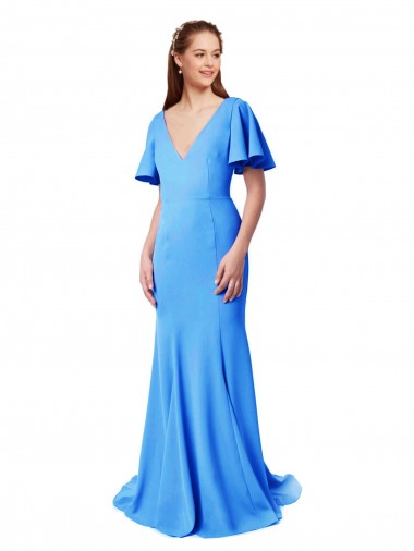 Short Sleeves Long V-Neck Crepe Bridesmaid Dress with V-Back UK