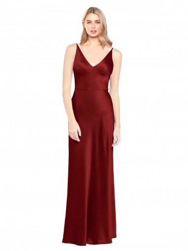 Full Length Long Stretch Satin Slip Bridesmaid Dress V-Back UK