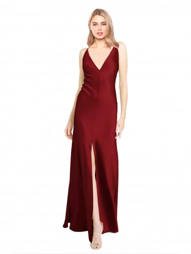 Floor Length Deep V-Back Stretch Satin Bridesmaid Dress with Front Slit UK