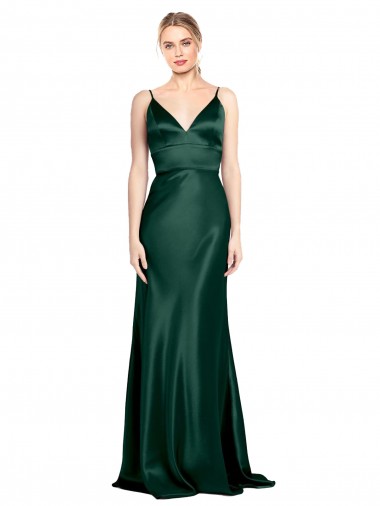 High V-Neck Long Full Length Sheath Stretch Satin Bridesmaid Dress UK