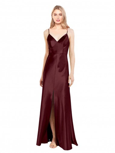 Sleek Spaghetti Straps V-Neck Stretch Satin Bridesmaid Dress with Center Front Slit UK