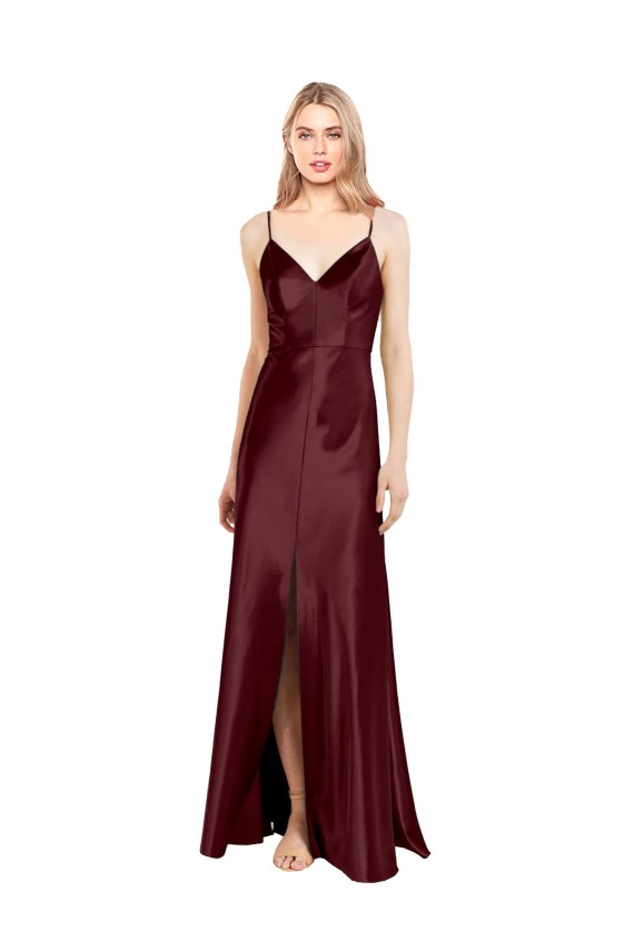 Sleek Spaghetti Straps V-Neck Stretch Satin Bridesmaid Dress with Center Front Slit UK