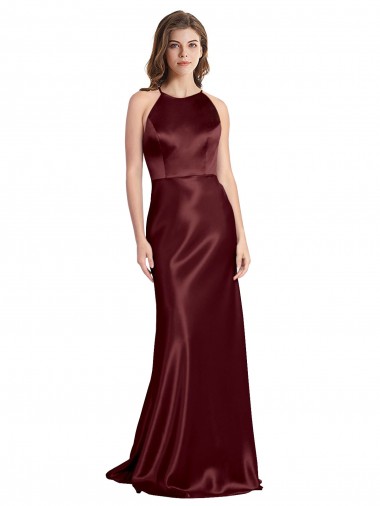 High Neck Halter Long Sleeveless Stretch Satin Bridesmaid Dress with Strappy Back UK