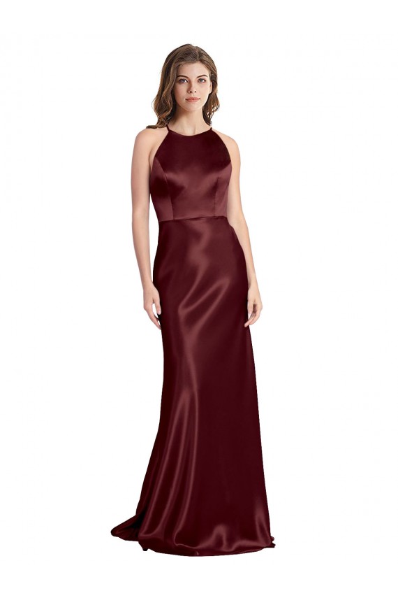 High Neck Halter Long Sleeveless Stretch Satin Bridesmaid Dress with Strappy Back UK