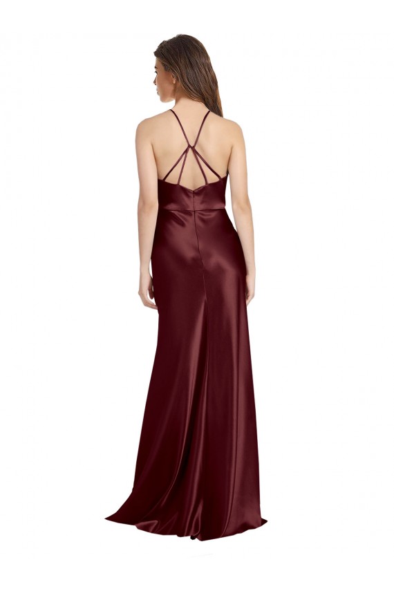 High Neck Halter Long Sleeveless Stretch Satin Bridesmaid Dress with Strappy Back UK