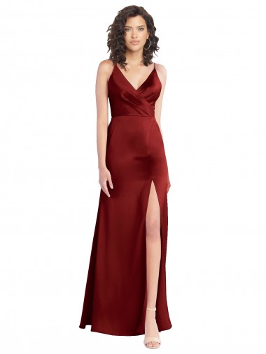 Faux Surplice Neckline Long Slim A-Line Stretch Satin Bridesmaid Dress UK