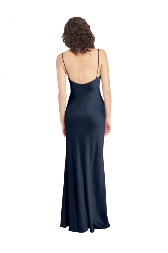 Cowl Neck Long Empire Waist Stretch Satin Bridesmaid Dress with Open Back UK