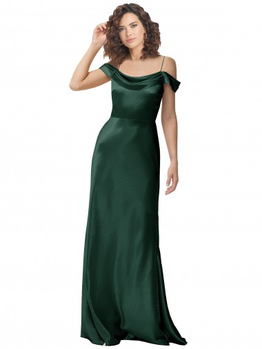 Off the Shoulder Sleeves Long Stretch Satin Bridesmaid Dress with Pleated Draped Neckline UK