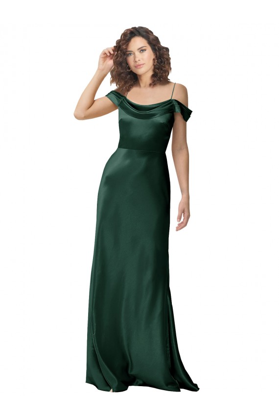 Off the Shoulder Sleeves Long Stretch Satin Bridesmaid Dress with Pleated Draped Neckline UK