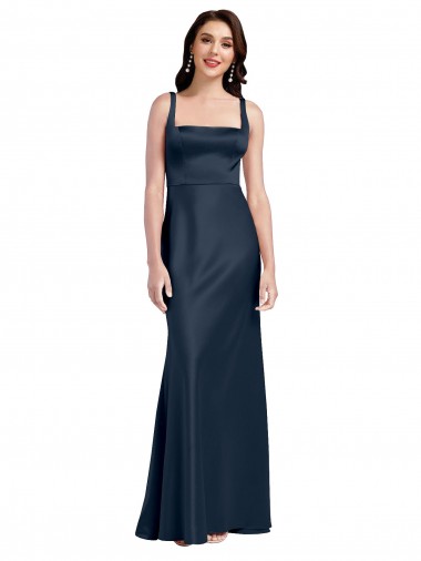 Square Neck A-Line Long Stretch Satin Bridesmaid Dress with Wide Straps UK