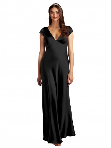 Plunging V-Neck Cap Cleeves Long Stretch Satin Bridesmaid Dress with Keyhole Back UK