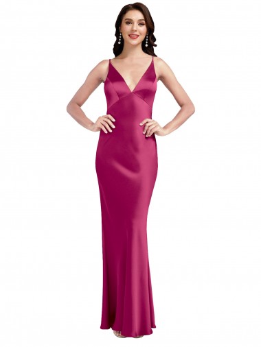 V-Neck Spaghetti Straps Slim Stretch Satin Bridesmaid Dress with Low Scoop Back UK