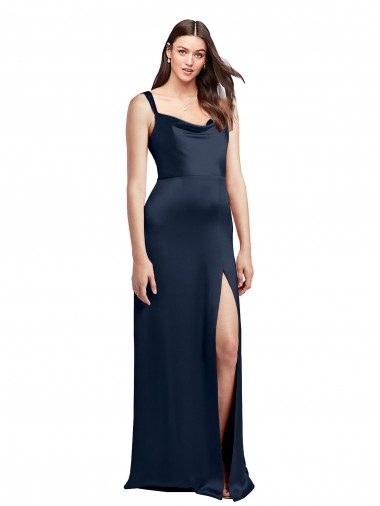 Cowl Neck Soft Long Stretch Satin Bridesmaid Dress with Side Slit and Pleated Straps UK