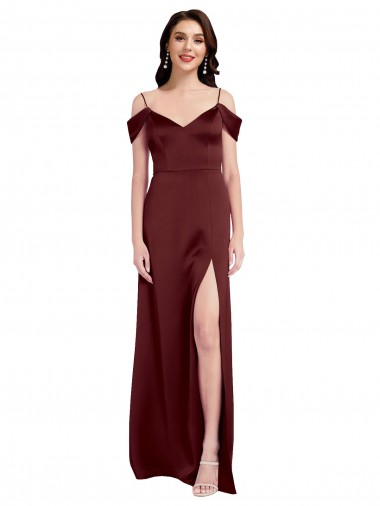 Draped Off the Shoulder Sleeves Slim A-Line Stretch Satin Bridesmaid Dress with Side Slit UK