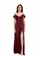 Draped Off the Shoulder Sleeves Slim A-Line Stretch Satin Bridesmaid Dress with Side Slit UK