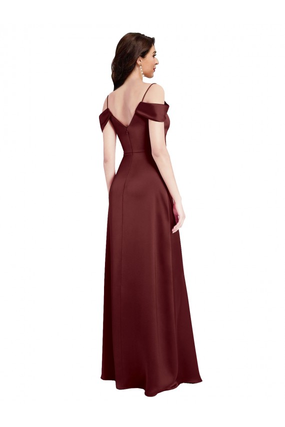 Draped Off the Shoulder Sleeves Slim A-Line Stretch Satin Bridesmaid Dress with Side Slit UK