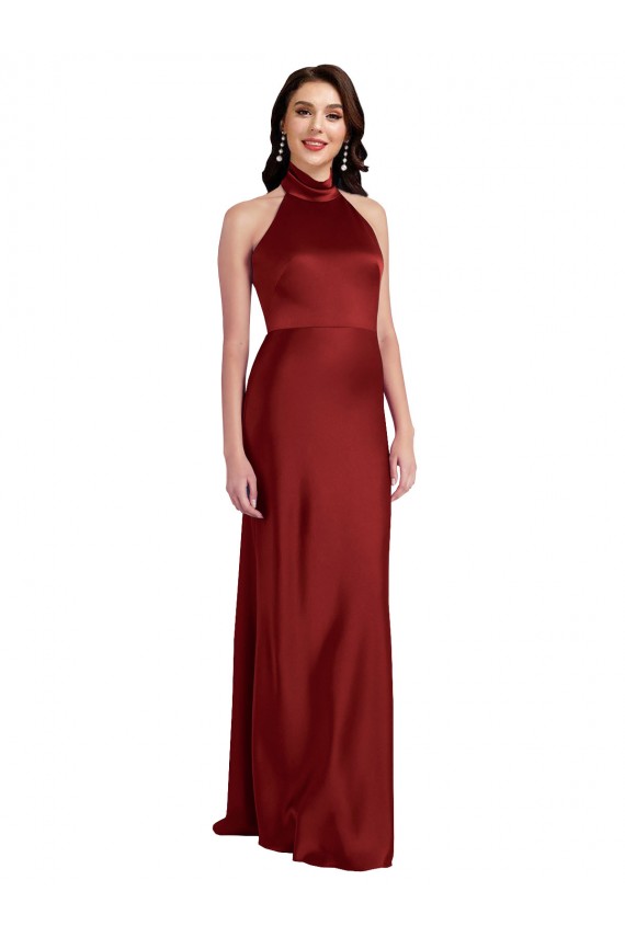 Backless Halter Long Stretch Satin Bridesmaid Dress UK